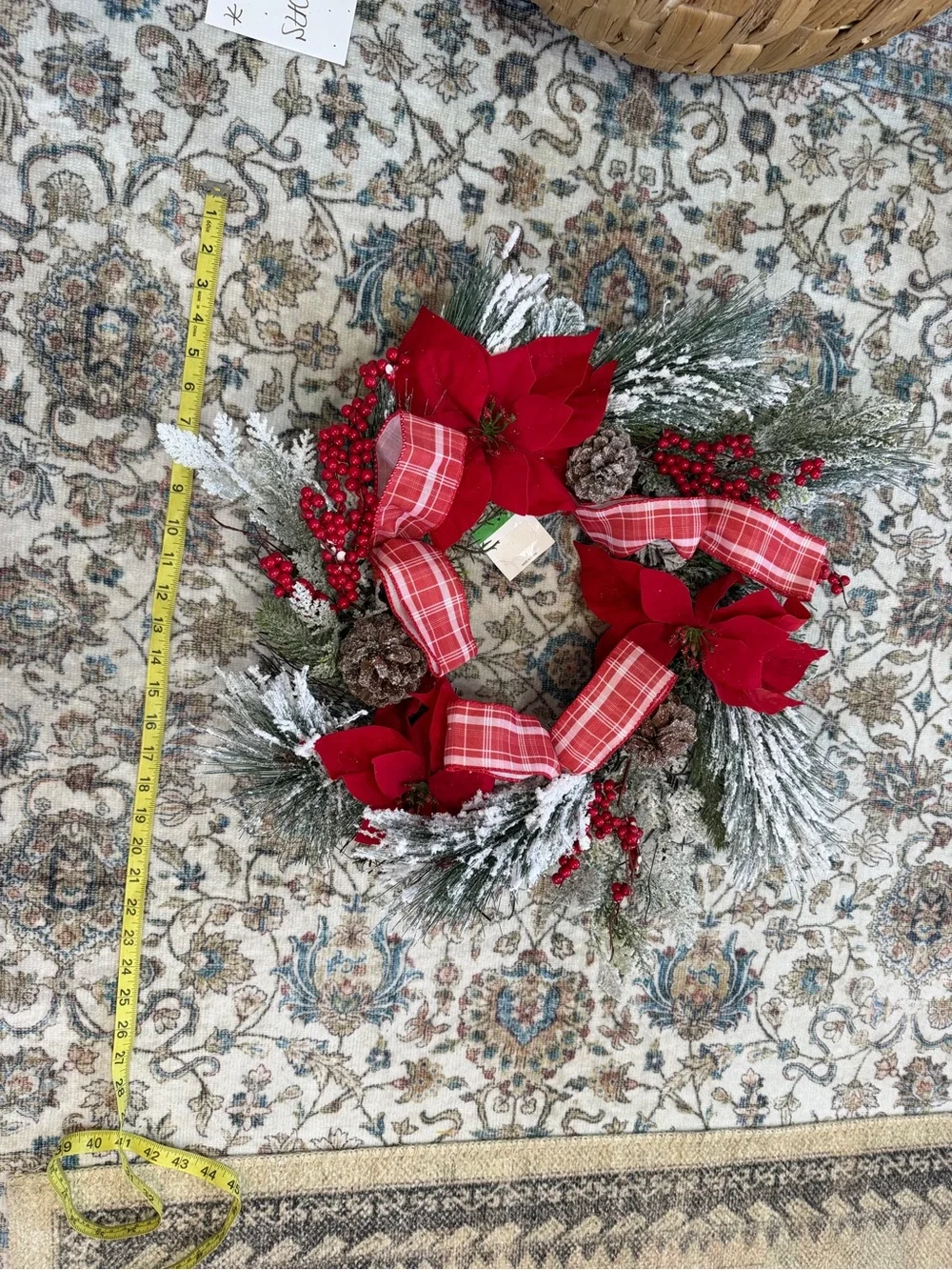 New Large Frosted Poinsettia Christmas Holiday Wreath Red Plaid Ribbon